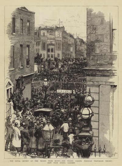 Die königliche Überprüfung der Truppen aus Ägypten, die Truppen marschieren durch den Trafalgar Square, gesehen von Spring Gardens von William Lionel Wyllie